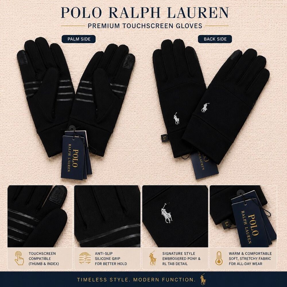 Polo Ralph Lauren Touchscreen Gloves Black Large Pony Logo NWT Winter